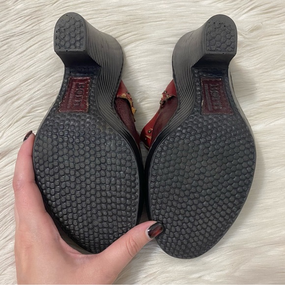 Born Red Metallic Maroon Leather Fringe Studded Boho Heeled Mules Slip On Clogs - Picture 8 of 10